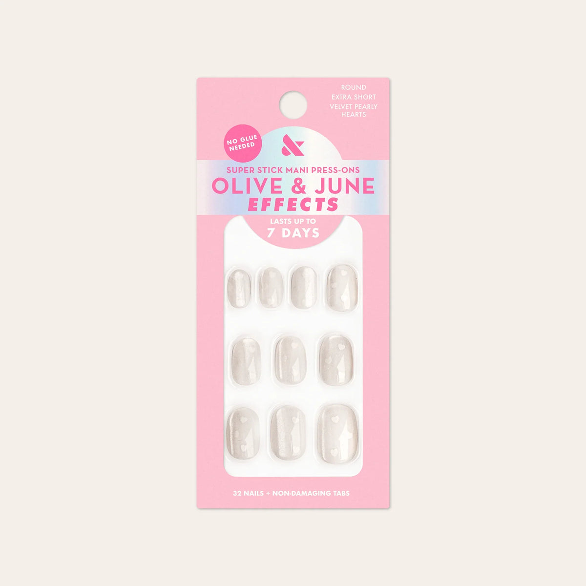 Velvet Pearly Hearts - Tab Press On | Extra Short | Round