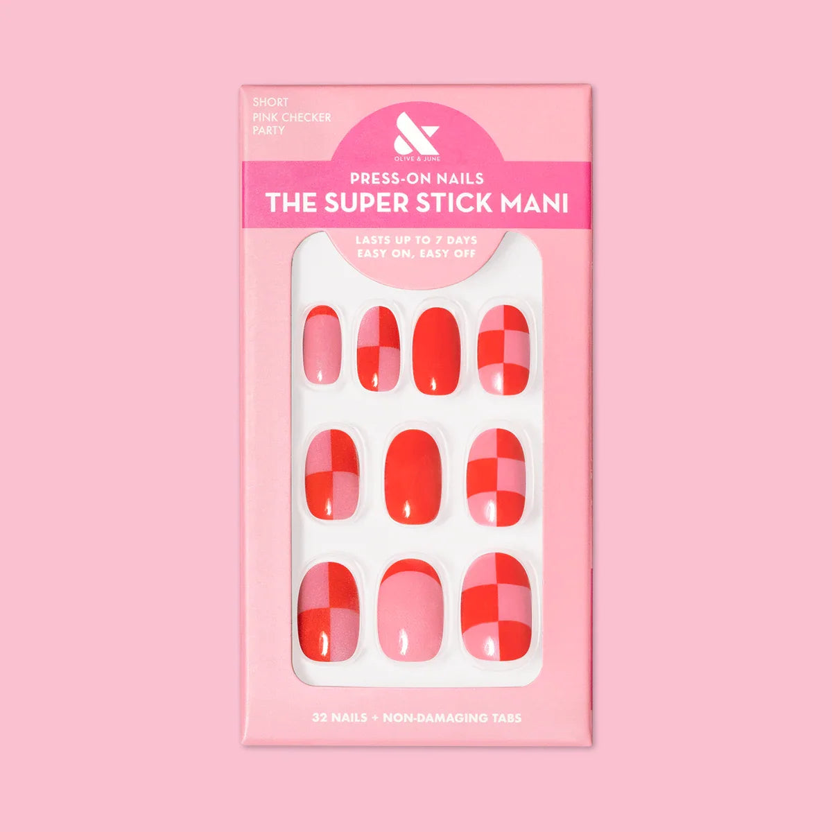Pink Checker Party | Short | Round - Tab Press-On
